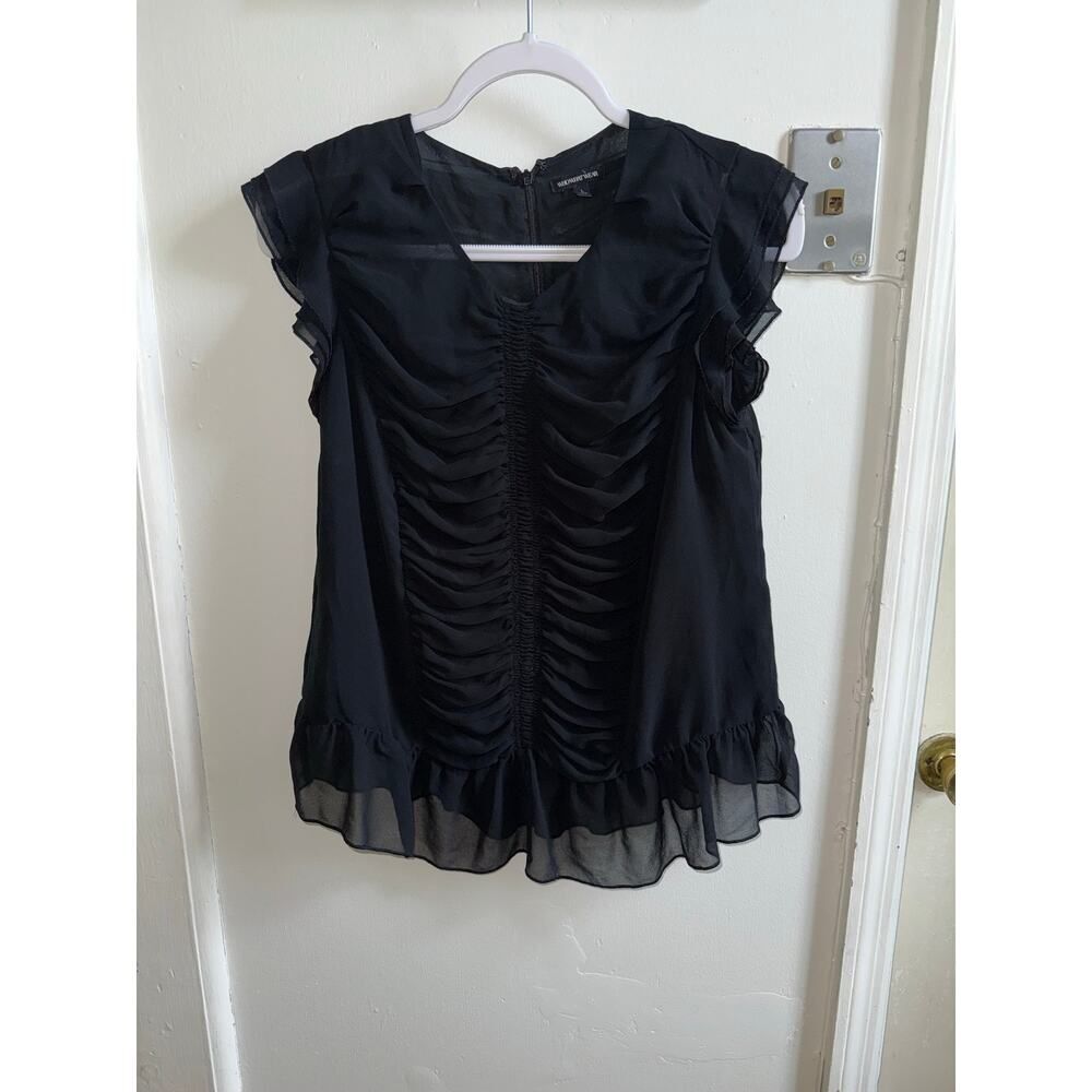 Who What Wear Black Chiffon Blouse Ruched Front Back Ruffle Sleeve V-Neck Large